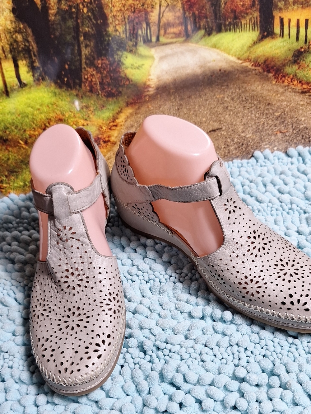 Spring Step Women's Grey  Perforated T‑Strap Comfort Flats